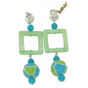 Orecchini monachella foglia d'argento, madreperla verde, howlite, sfere smalto ed argento
